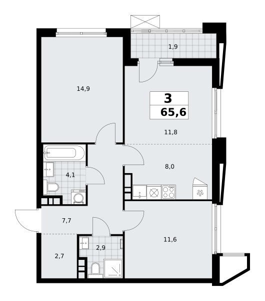 3 room apartment 66 m² poselenie Sosenskoe, Russia