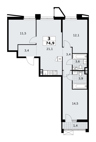 3 room apartment 75 m² poselenie Sosenskoe, Russia