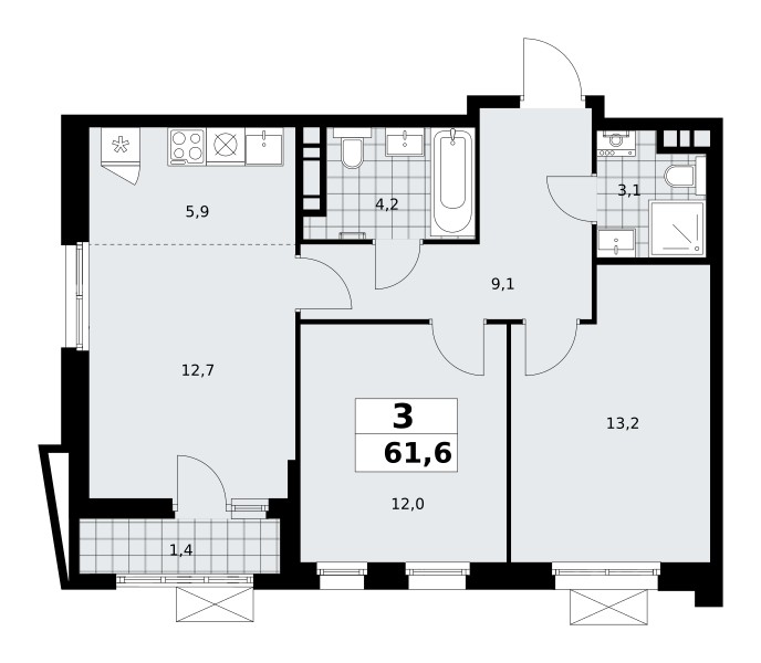 3 room apartment 62 m² poselenie Sosenskoe, Russia