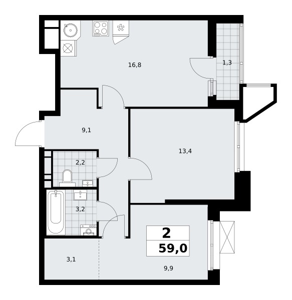 2 room apartment 59 m² poselenie Sosenskoe, Russia