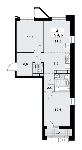 3 room apartment 60 m² poselenie Sosenskoe, Russia