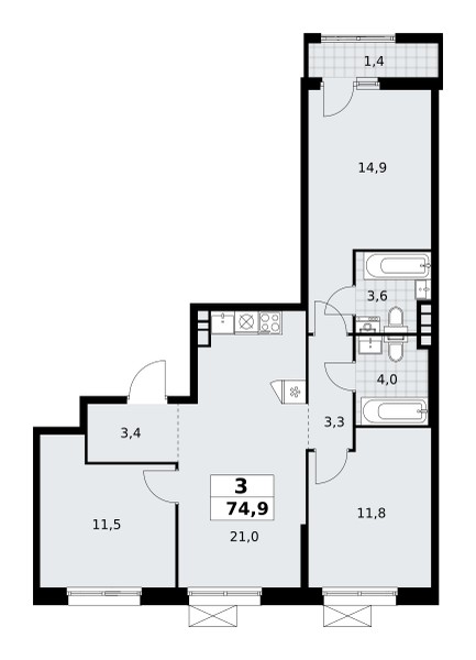 Mieszkanie 3 pokoi 75 m² poselenie Sosenskoe, Rosja