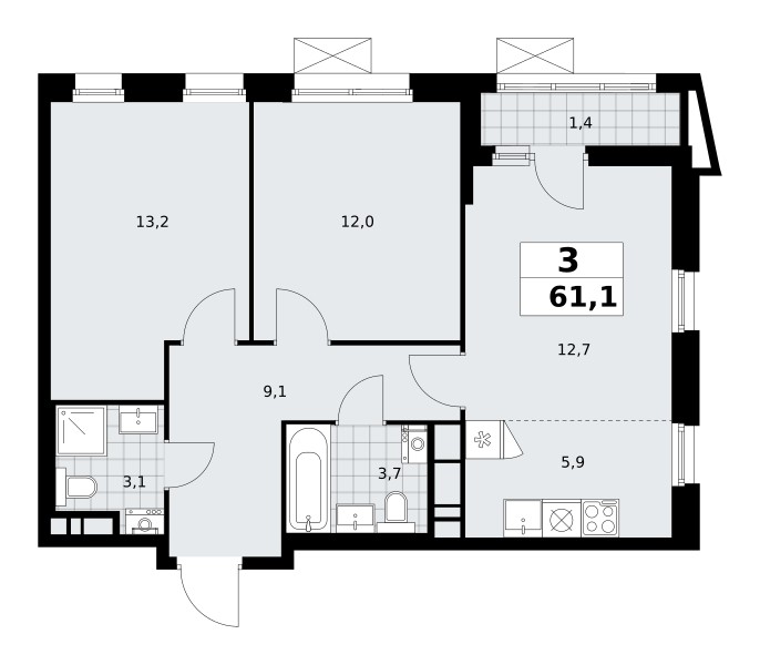 3 room apartment 61 m² poselenie Sosenskoe, Russia