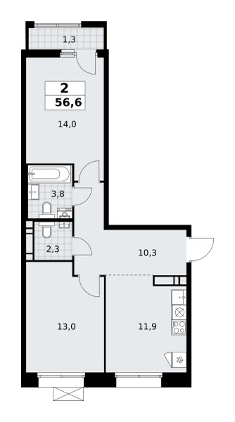 2 room apartment 57 m² poselenie Sosenskoe, Russia