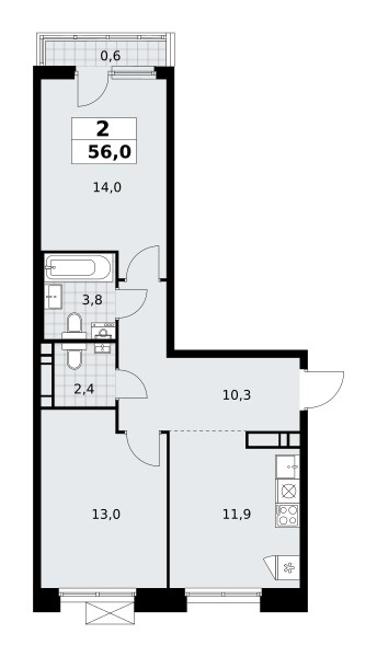 2 room apartment 56 m² poselenie Sosenskoe, Russia