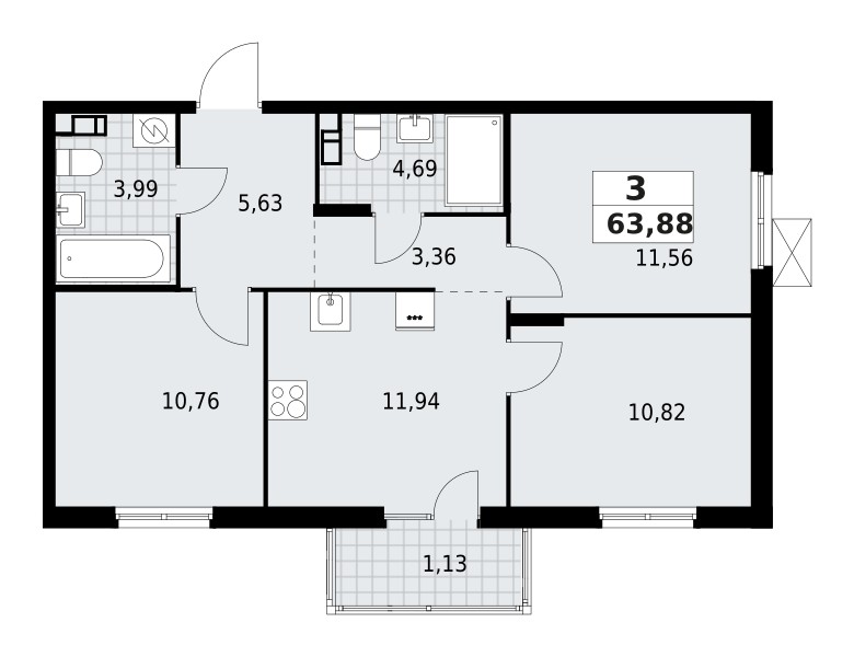 3 room apartment 64 m² Lagolovskoe selskoe poselenie, Russia