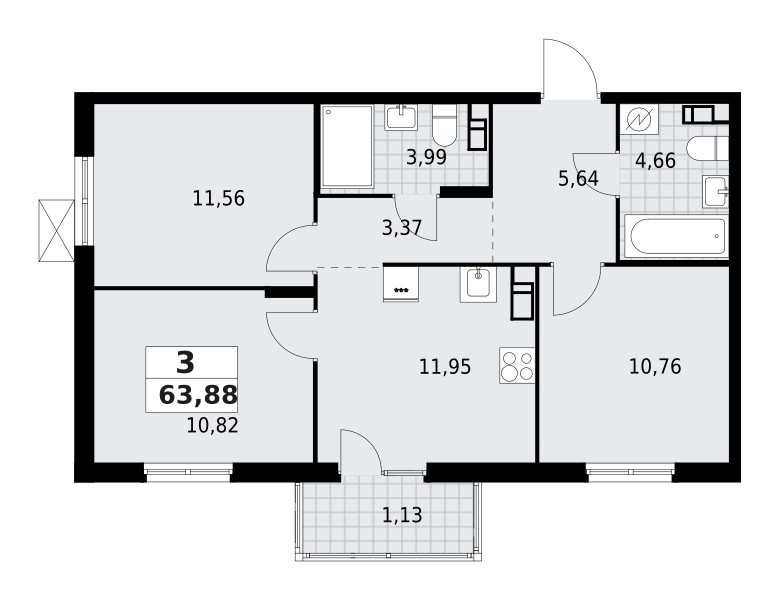 3 room apartment 64 m² Lagolovskoe selskoe poselenie, Russia