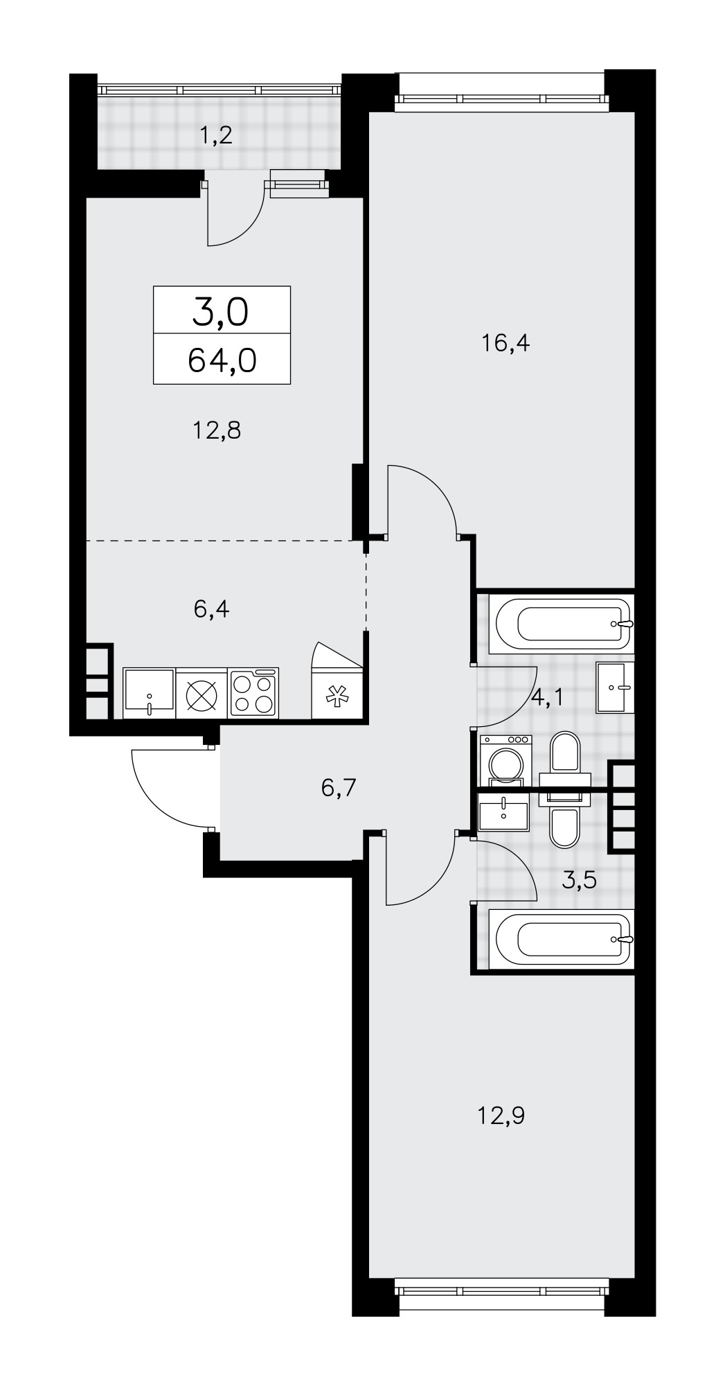 3 room apartment 64 m² Kommunarka, Russia